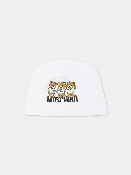 Cappello bianco per neonati con Teddy Bears e logo,Moschino Kids,MZX031 LDA16 10101