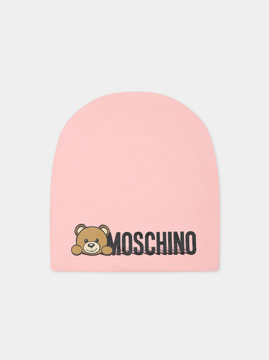 Berretto rosa per neonata con Teddy Bear e logo,Moschino Kids,MOX03N LDA17 50209