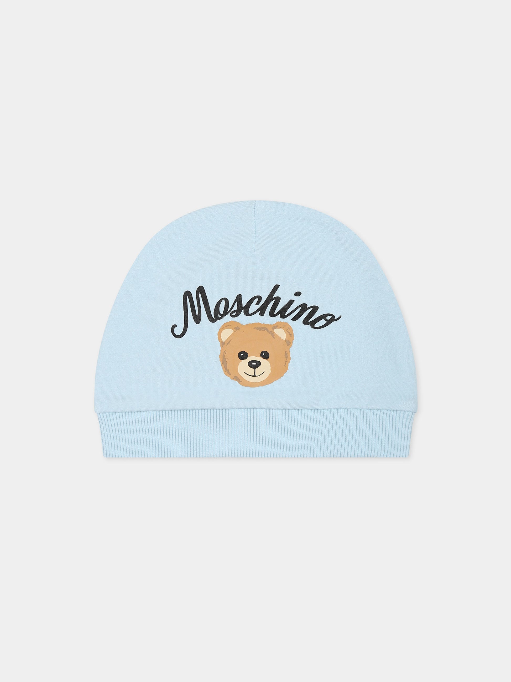 Berretto celeste per neonato con Teddy Bear e logo,Moschino Kids,MPX035 LDA55 40304
