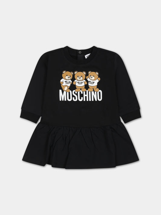 Vestito nero per neonata con Teddy Bears e logo,Moschino Kids,MAV09V LCA60 60100