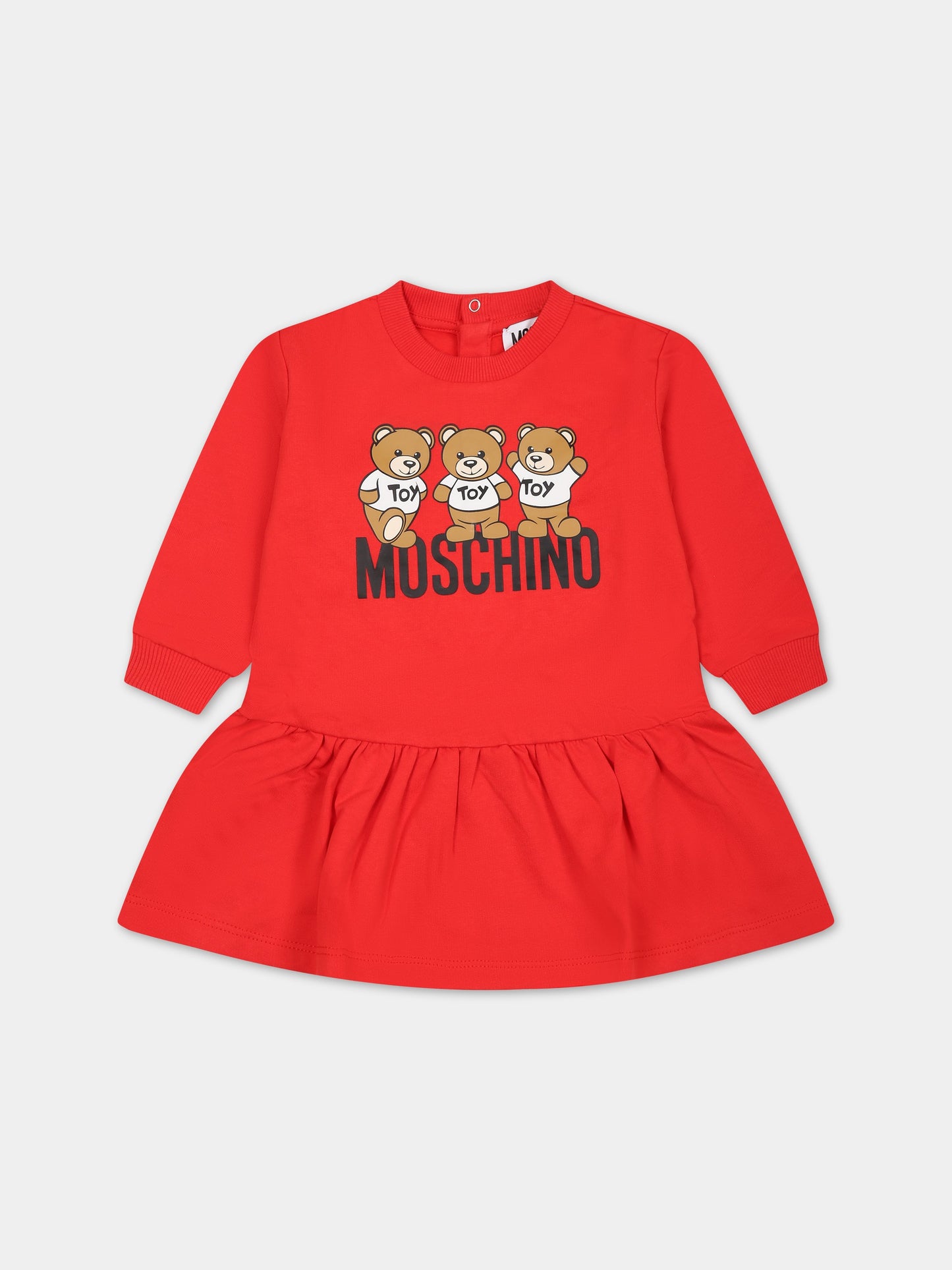 Vestito rosso per neonata con Teddy Bears e logo,Moschino Kids,MAV09V LCA60 50109