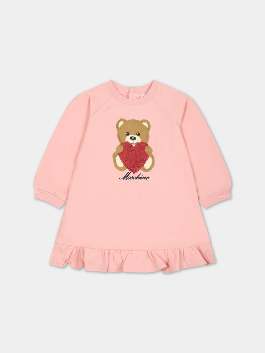 Vestito rosa per neonata con Teddy Bear e logo,Moschino Kids,MDV0AP LDA14 50209