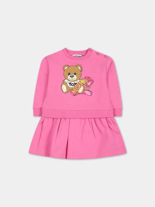 Vestito fucsia per neonata con Teddy Bear e logo,Moschino Kids,MBV08K LDA16 52458