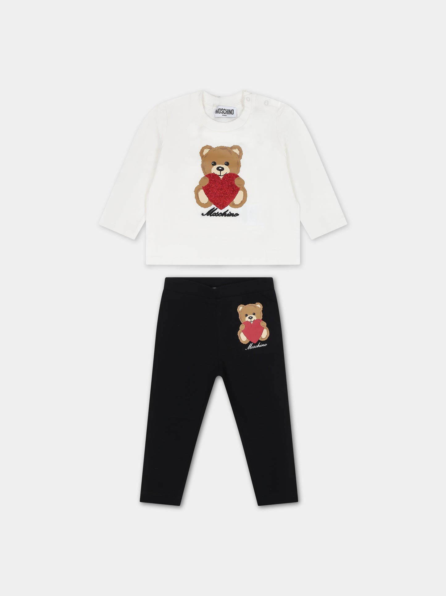 Completo bianco per neonata con Teddy Bear e cuore,Moschino Kids,MDK02M LBA11 83965