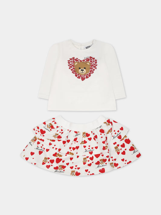 Completo bianco per neonata con Teddy Bear e cuori,Moschino Kids,MDK02J LDB9B 82237