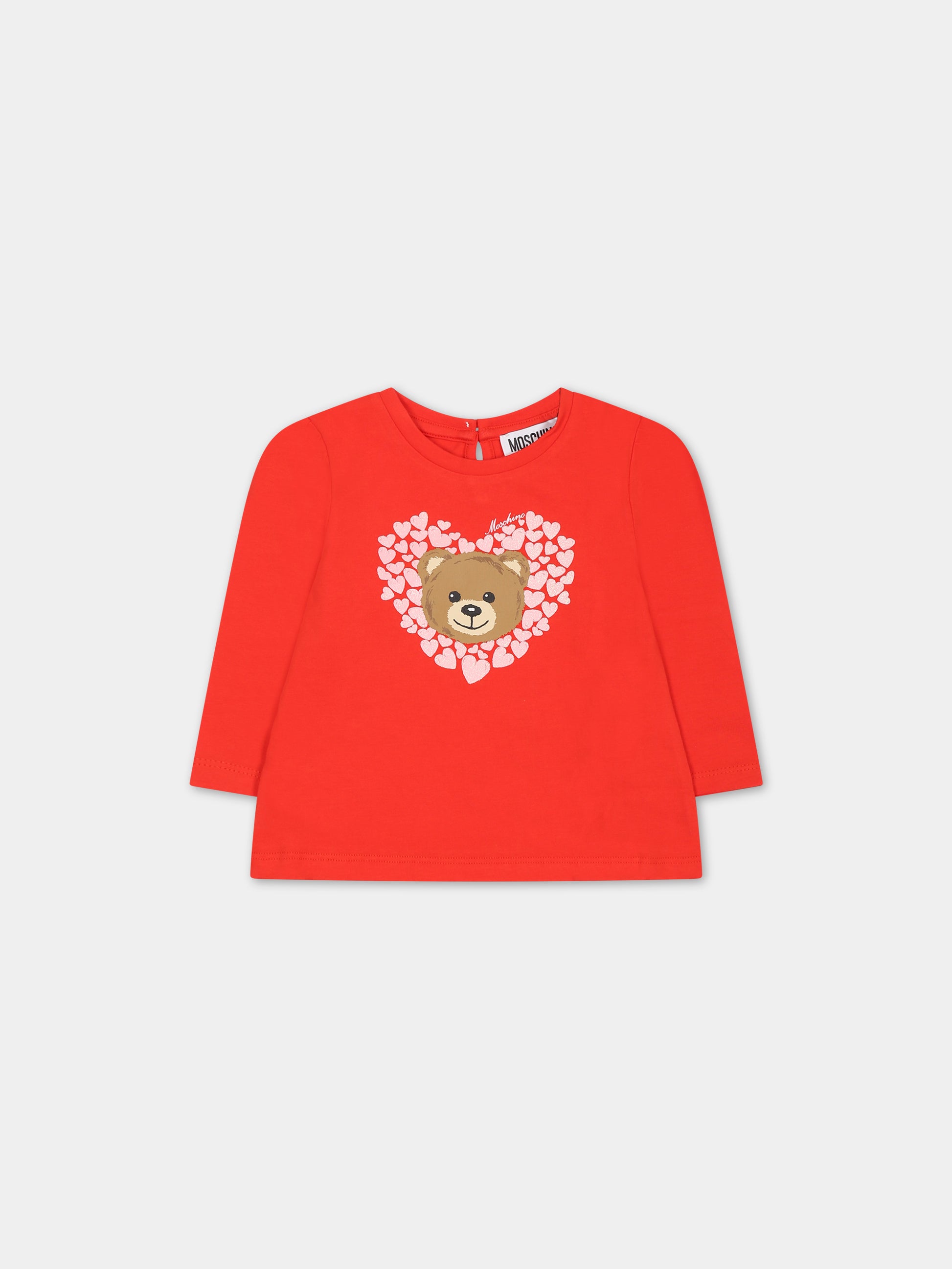T-shirt rossa per neonata con Teddy Bear e logo,Moschino Kids,MDO00N LBA11 50109