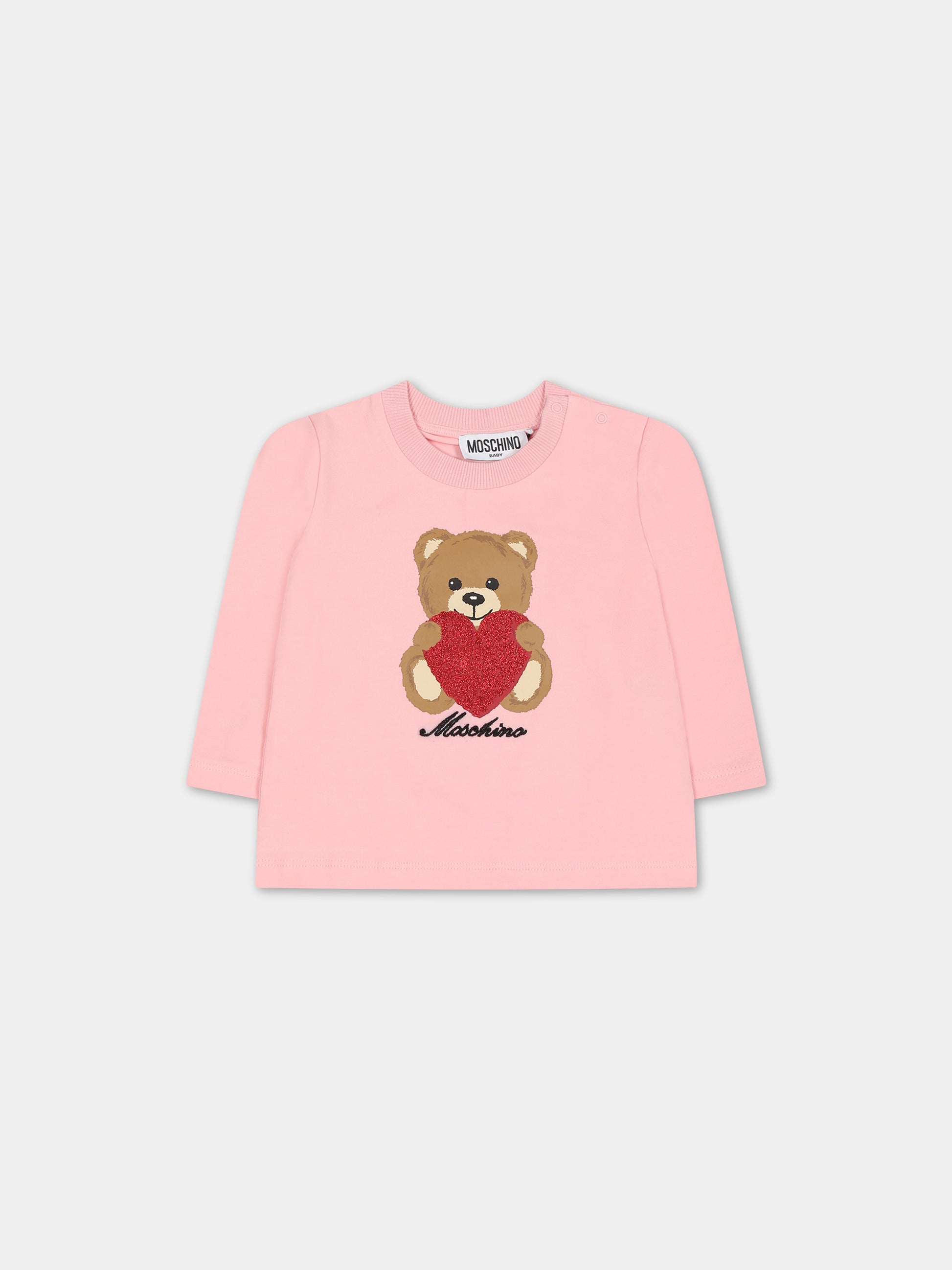T-shirt rosa per neonata con Teddy Bear e cuore,Moschino Kids,MDO00L LBA11 50209