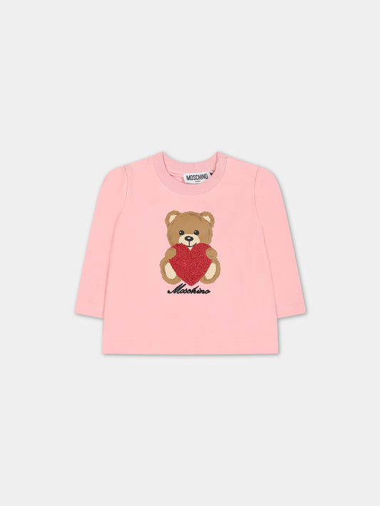 T-shirt rosa per neonata con Teddy Bear e cuore,Moschino Kids,MDO00L LBA11 50209