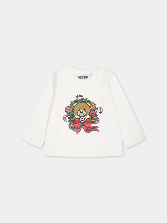 T-shirt bianca per neonati con Teddy Bear e logo,Moschino Kids,MSO00E LBA23 10063