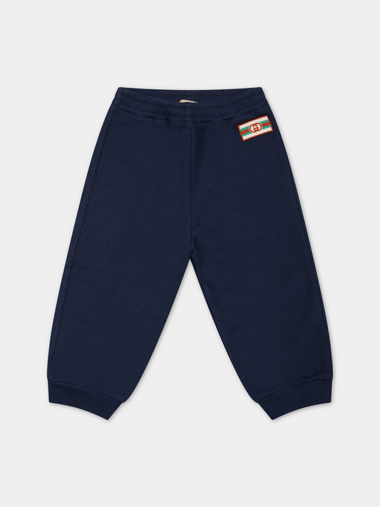 Pantaloni blu per neonato con doppia G,Gucci Kids,749651 XJFOO 4696