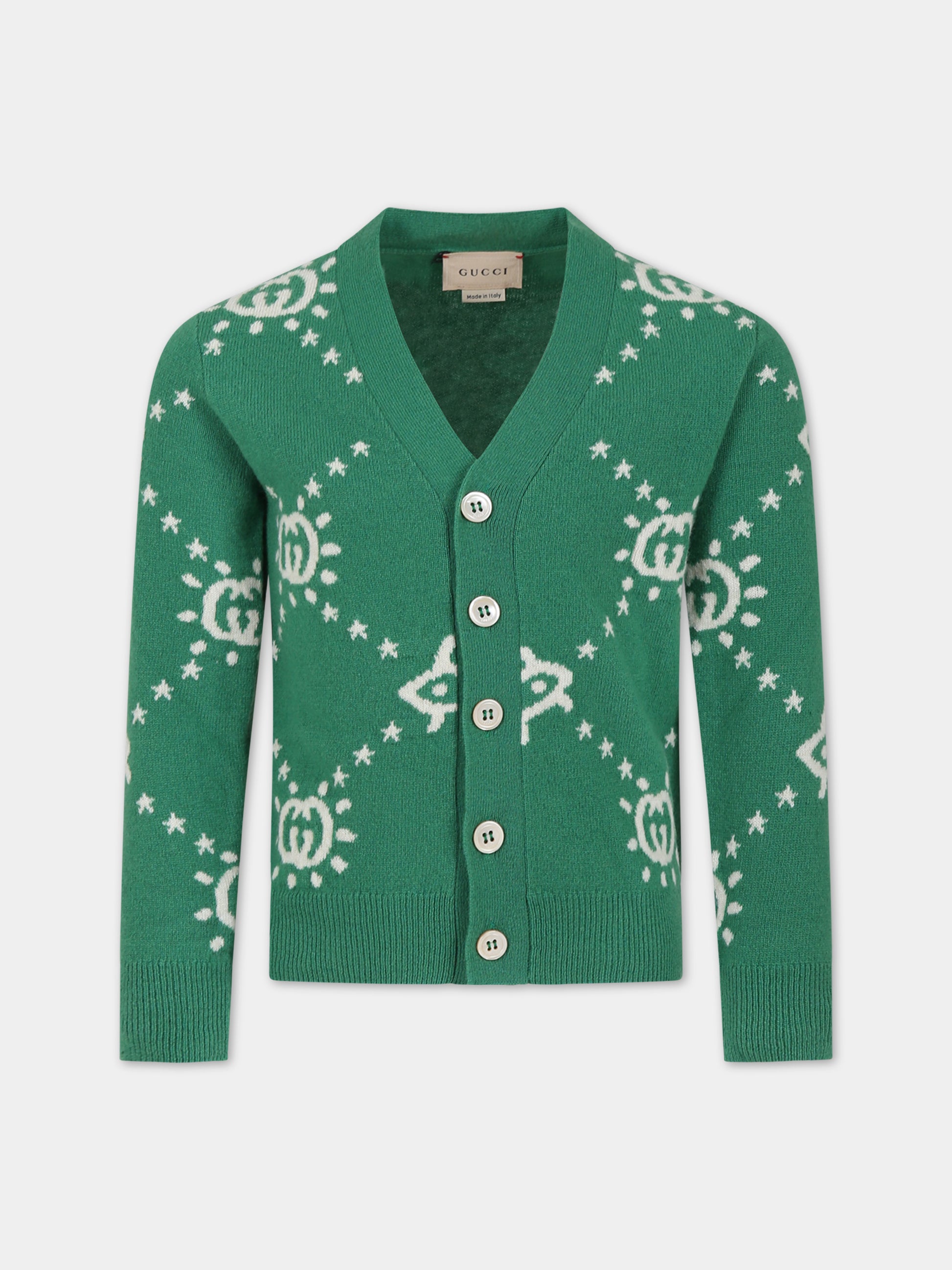Cardigan verde per bambino con logo e ufo,Gucci Kids,748025 XKDAC 3523
