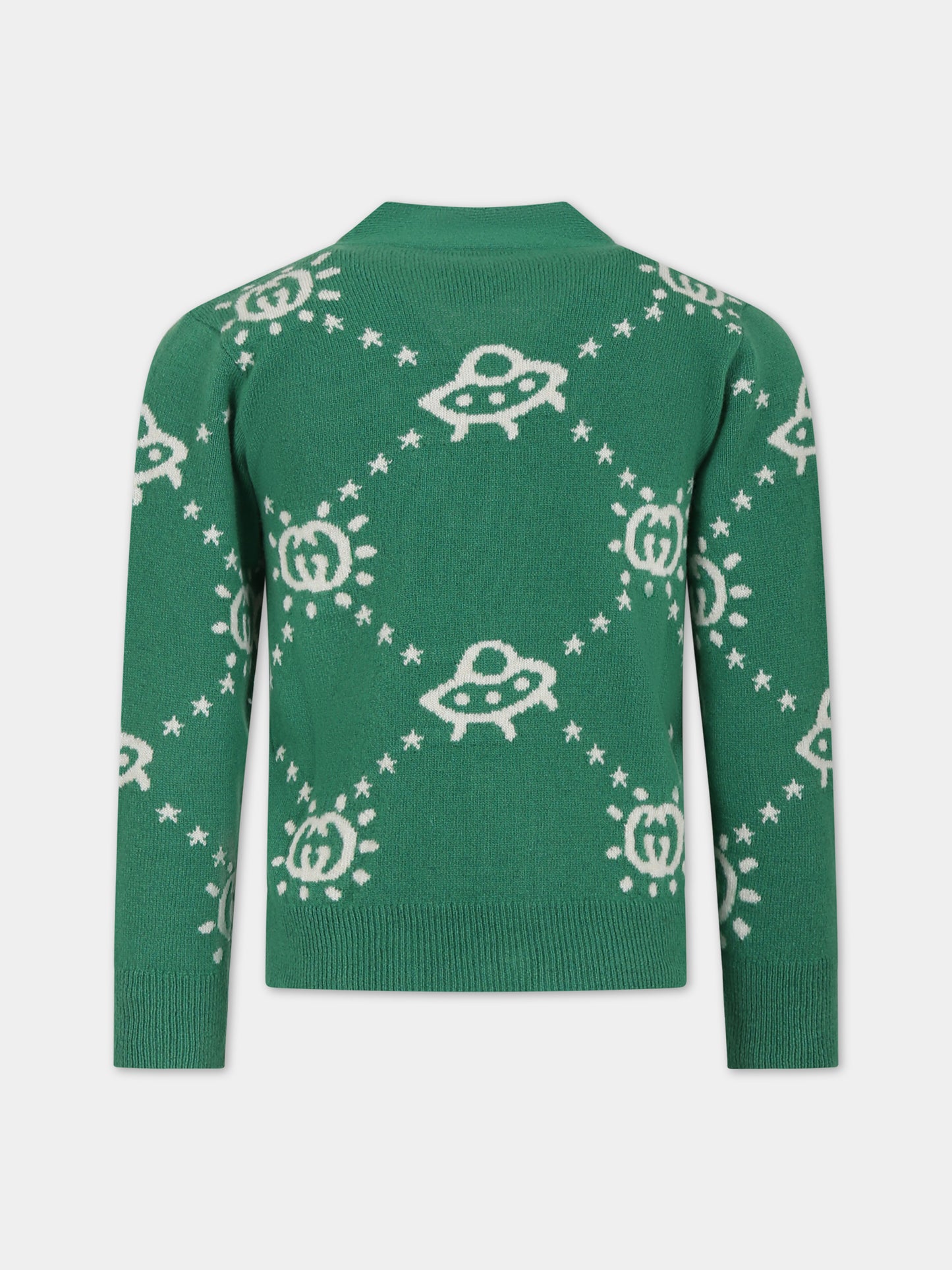 Cardigan verde per bambino con logo e ufo,Gucci Kids,748025 XKDAC 3523