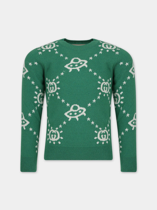 Maglione verde per bambino con Ufo e GG,Gucci Kids,748068 XKDAC 3523