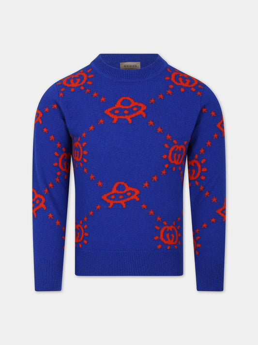 Maglione blu con Ufo e GG per bambino,Gucci Kids,748068 XKDAC 4661