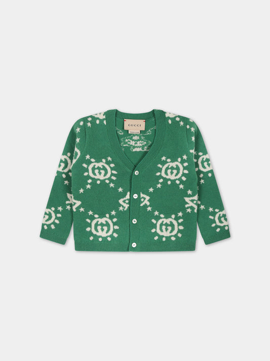 Cardigan verde con Ufo e GG per neonato,Gucci Kids,748122 XKDAD 3523