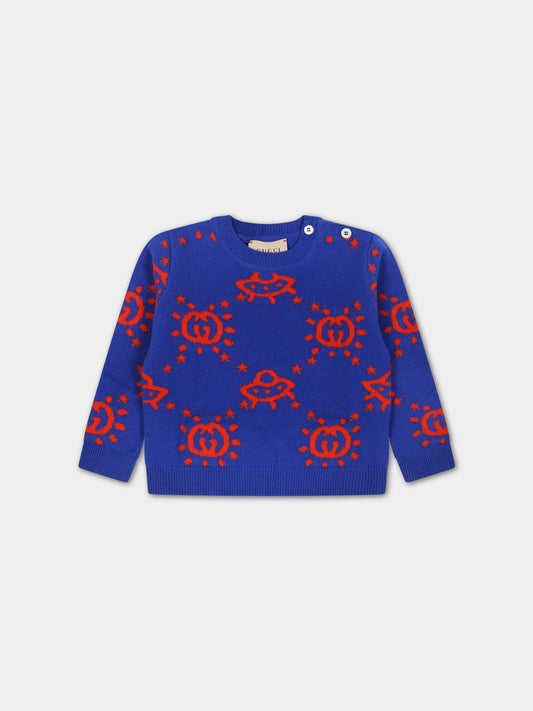 Maglione blu con Ufo e GG per neonato,Gucci Kids,748126 XKDAD 4661