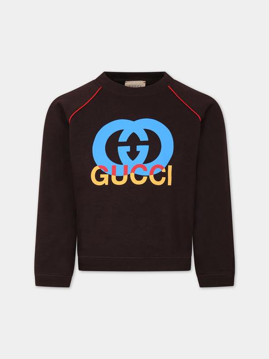 Felpa marrone per bambini con stampa logo,Gucci Kids,737610 XJFVS 2460