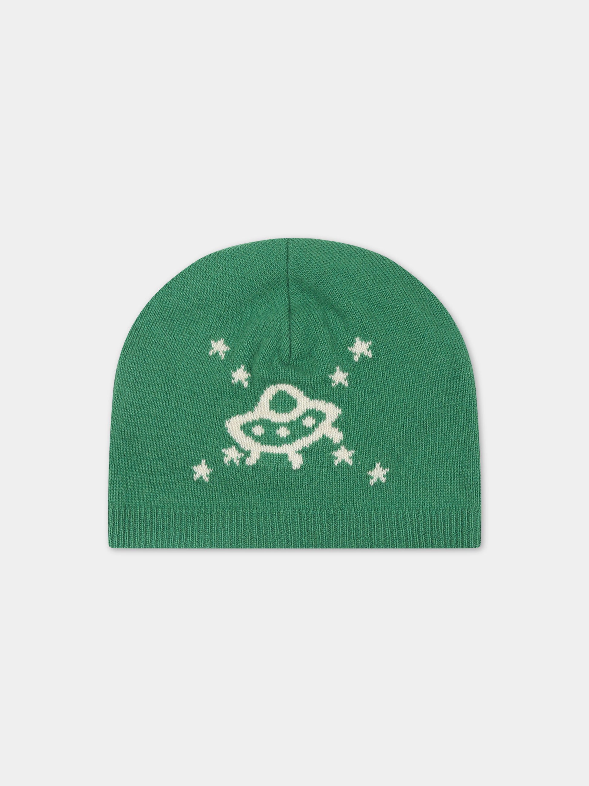 Berretto verde per neonato con incrocio GG e ufo,Gucci Kids,749513 3K206 3178