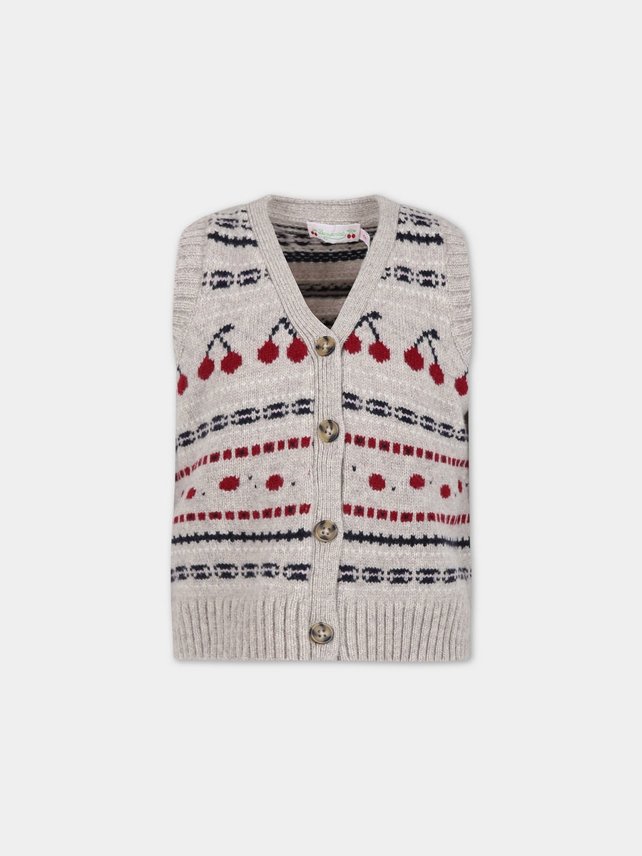 Gilet beige per bambina con ciliegie,Bonpoint,W03GCAK00014 992