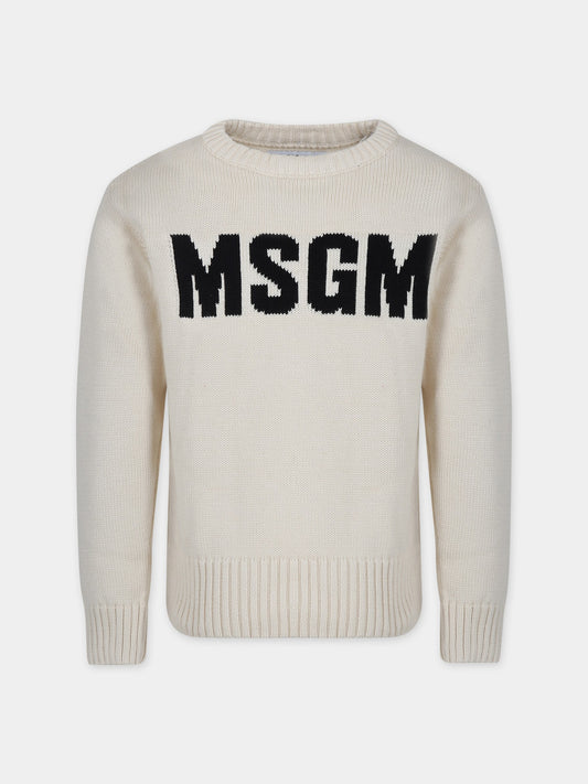 Maglione avorio per bambini con logo,Msgm Kids,F3MSJUJP153 013