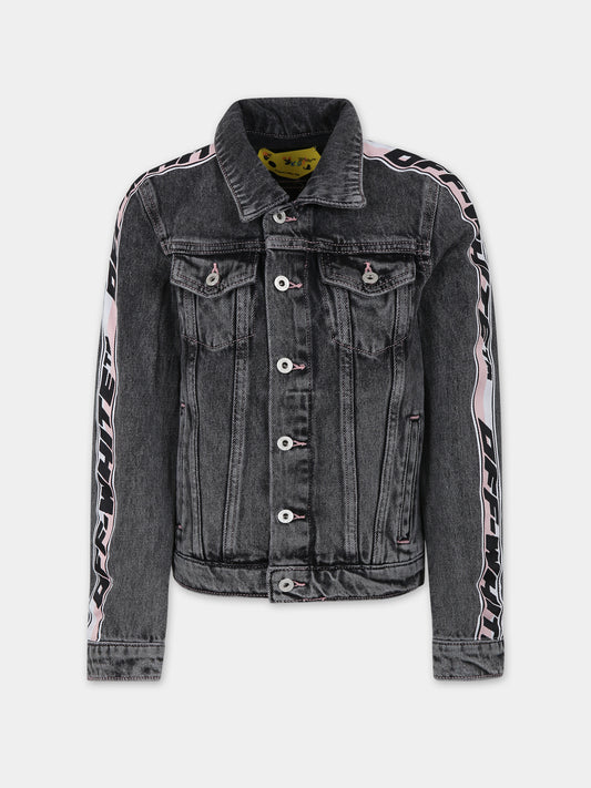 Giubboto denim di jeans nero per bambina con logo,Off White,OGYE002F23DEN0010710