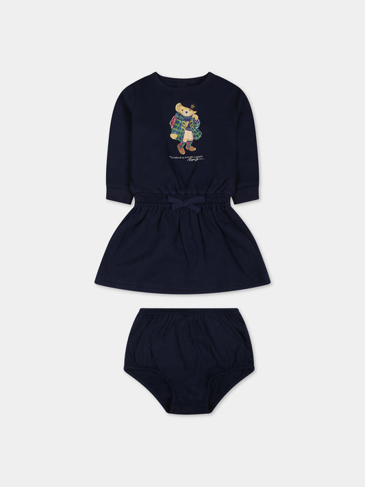 Vestito blu per neonata con orso e logo,Ralph Lauren Kids,916767002
