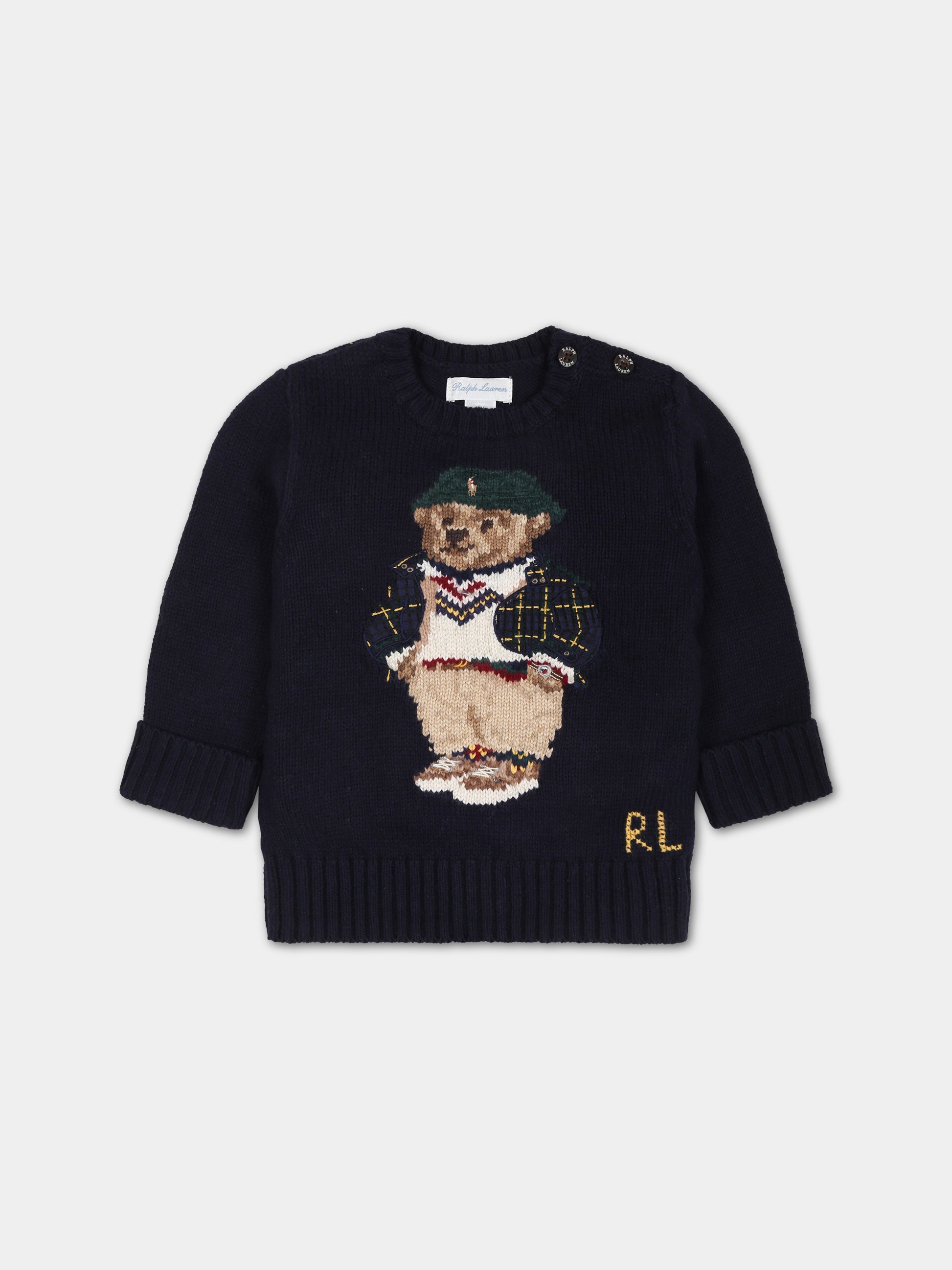 Maglione blu per neonato con orso e logo,Ralph Lauren Kids,918362001