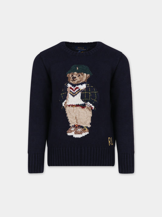 Maglione blu per bambino con orso e logo,Ralph Lauren Kids,918362001