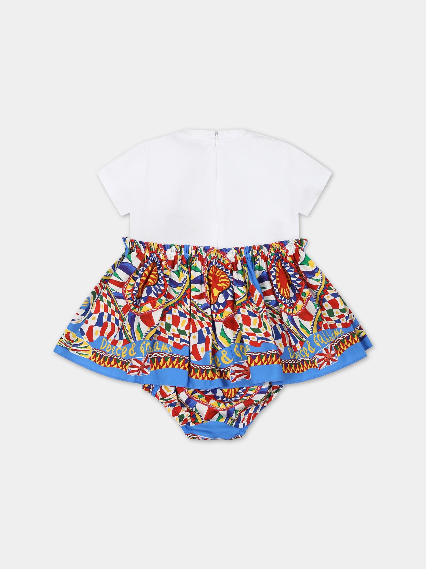 Vestito bianco per neonata con logo e stampa carretto,Dolce & Gabbana Kids,L2JD7D G7J9K HH4KT