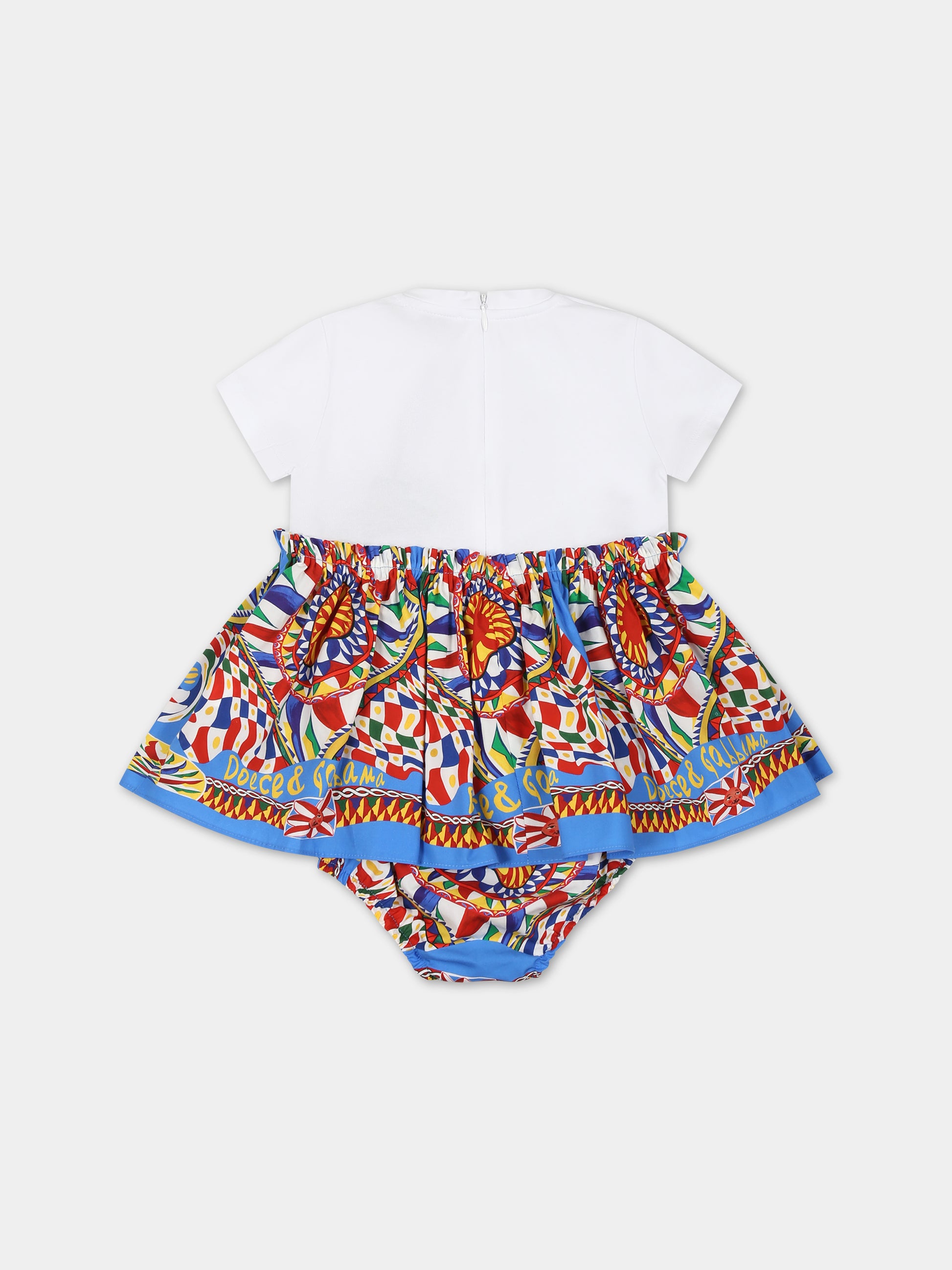 Vestito bianco per neonata con logo e stampa carretto,Dolce & Gabbana Kids,L2JD7D G7J9K HH4KT