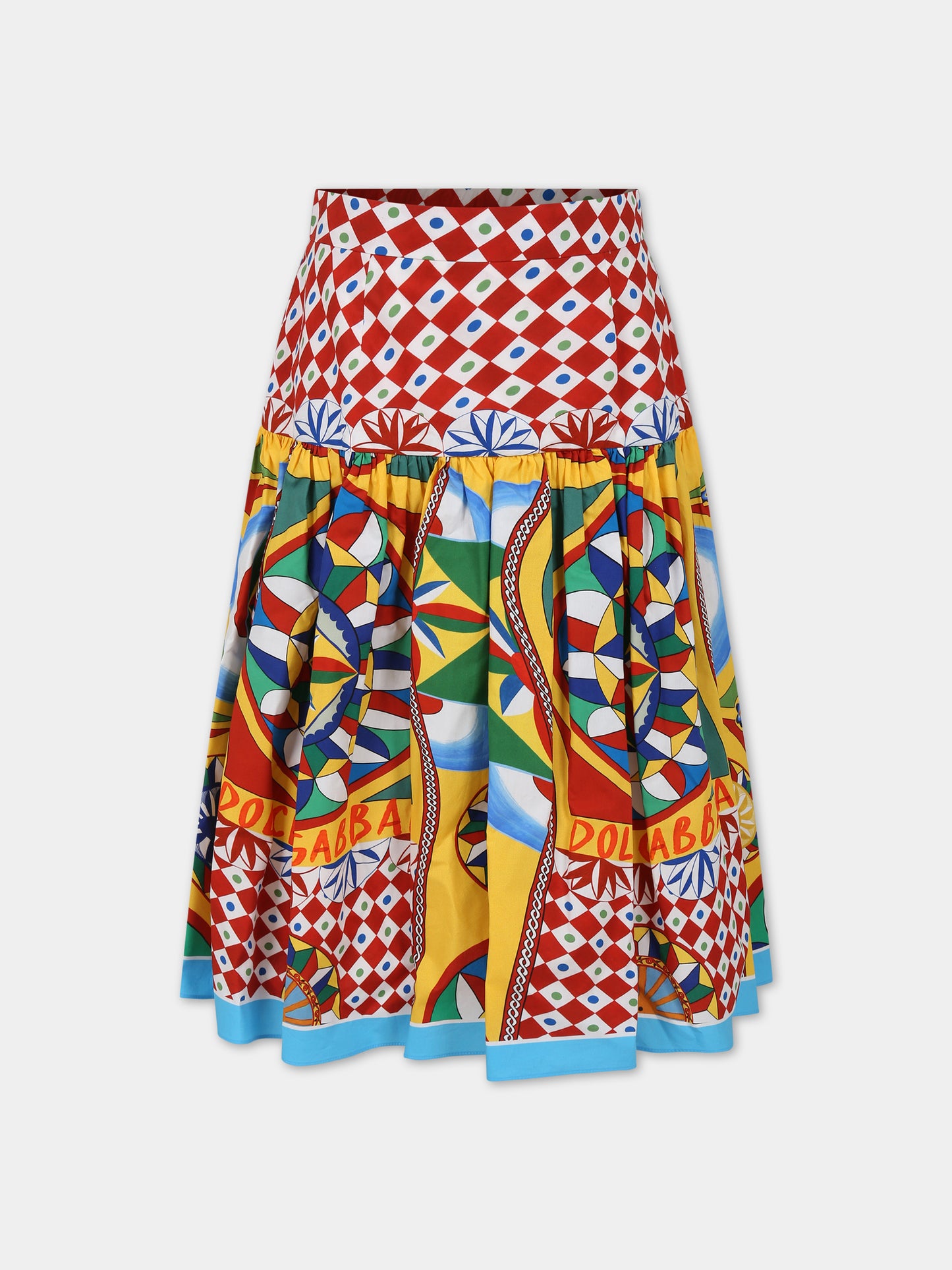 Gonna rossa per bambina con stampa carretto e logo,Dolce & Gabbana Kids,L54I72 G7J9M HH4KV