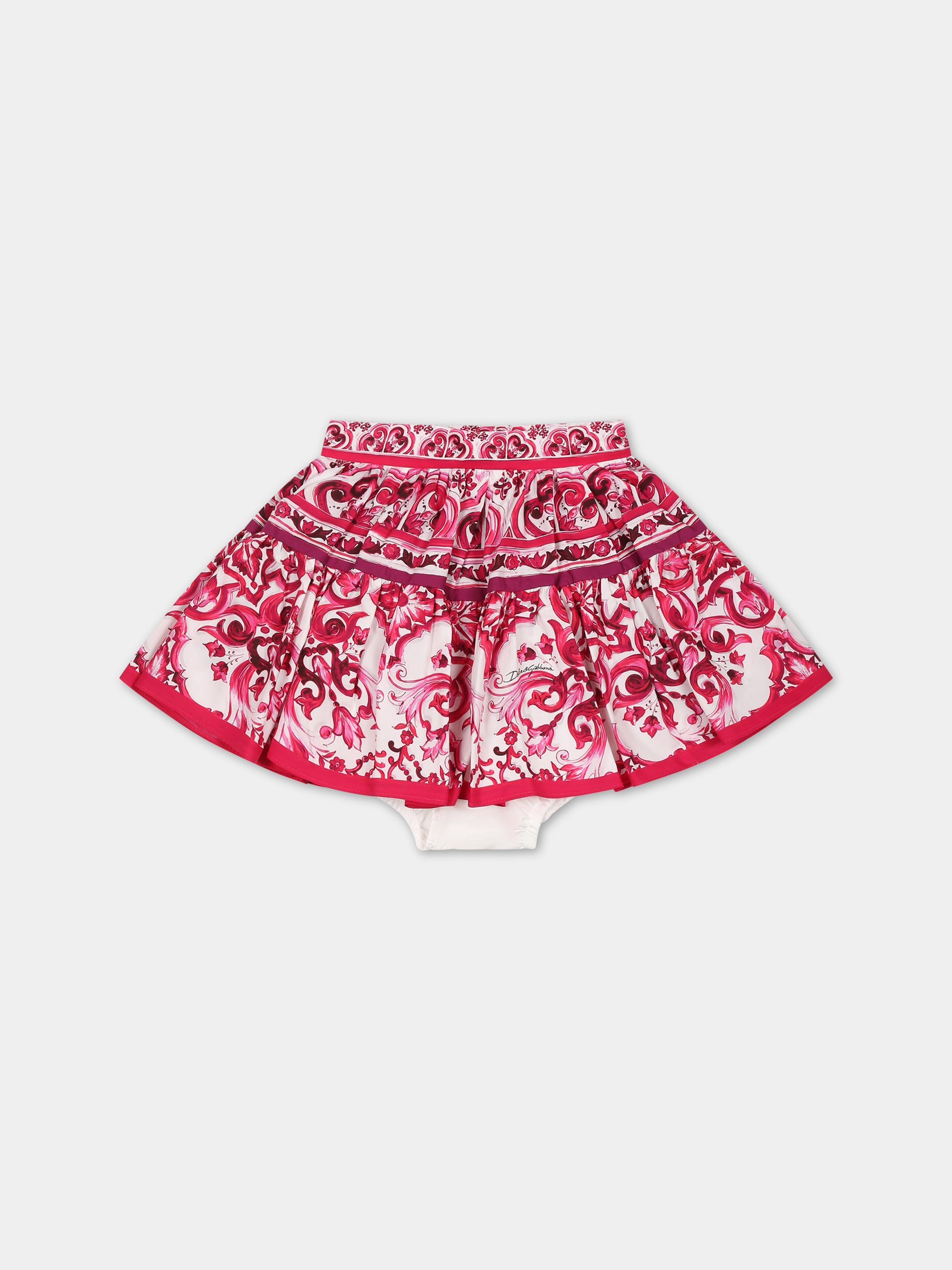 Gonna bianca per neonata con logo e maioliche fucsia,Dolce & Gabbana Kids,L24I49 G7J5U HE3TN