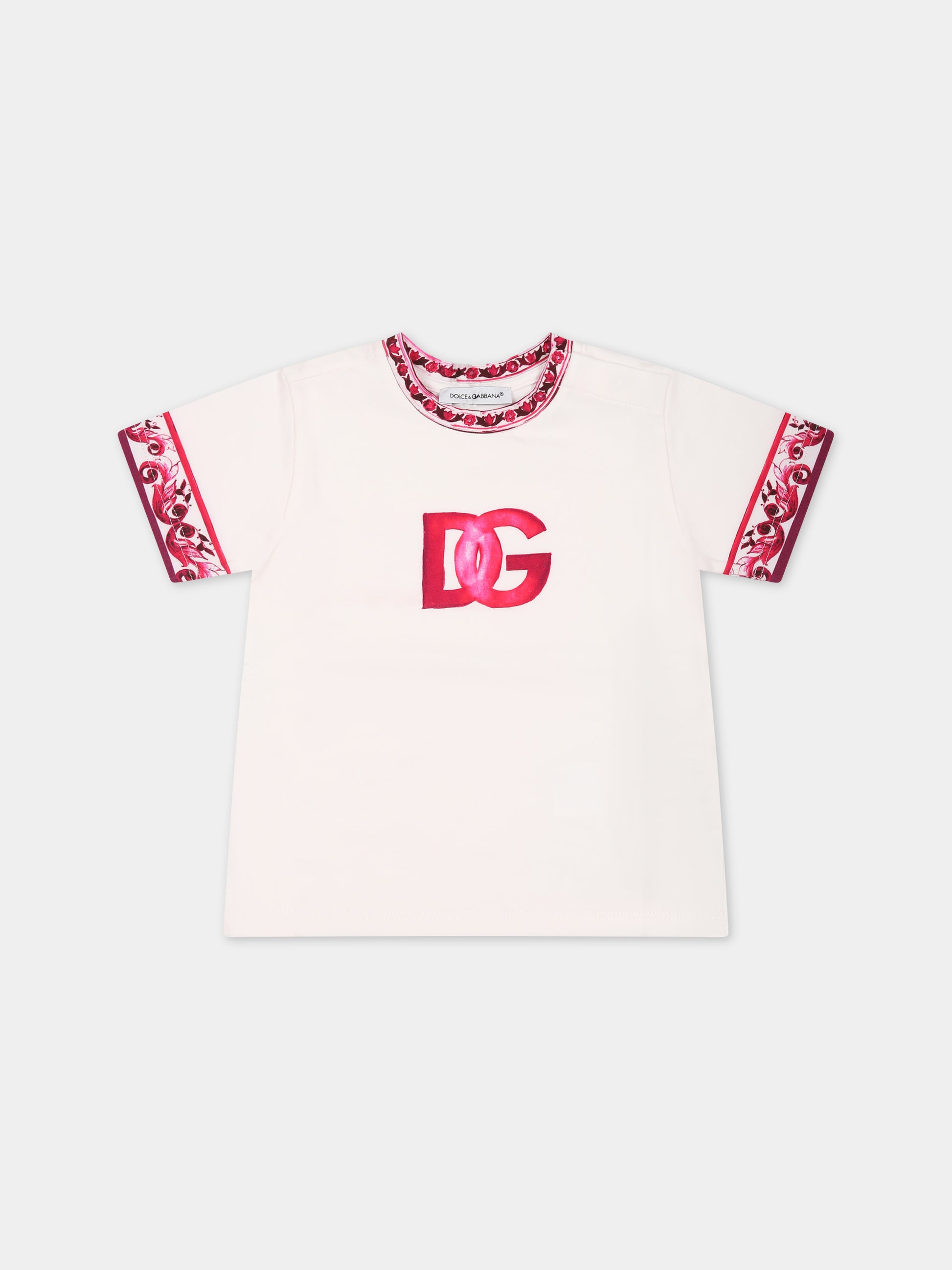 T-shirt bianca per neonata con logo e maioliche fucsia,Dolce & Gabbana Kids,L2JT9P G7J7O HE3TN