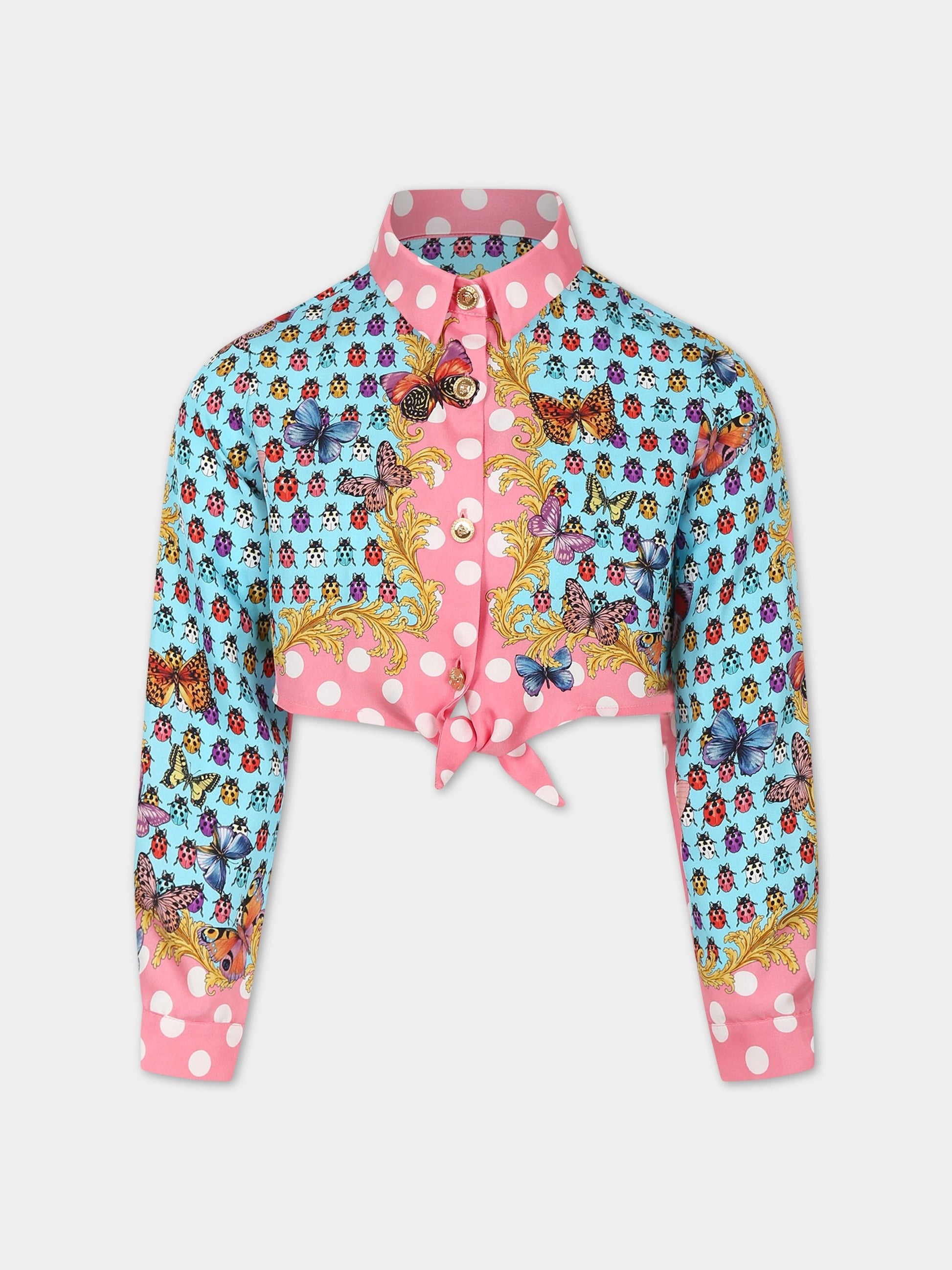 Camicia celeste per bambina con stampa iconica e logo,Versace,1011107 1A08125 5X280