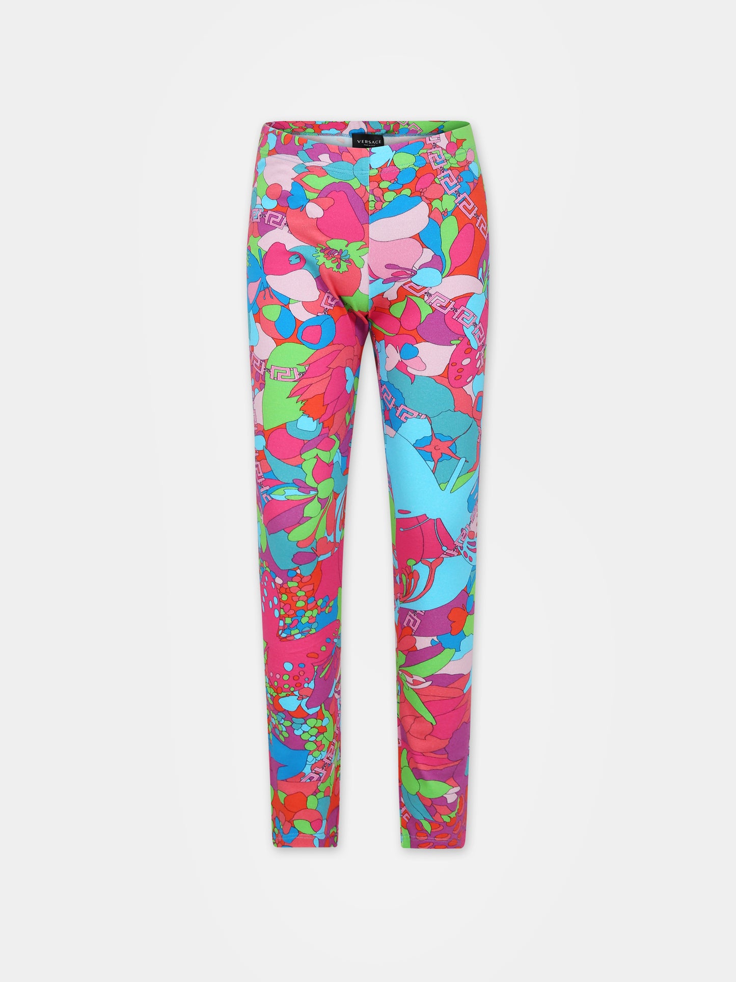 Leggings celesti per bambina con stampa floreale,Versace,1000042 1A08392 5V020