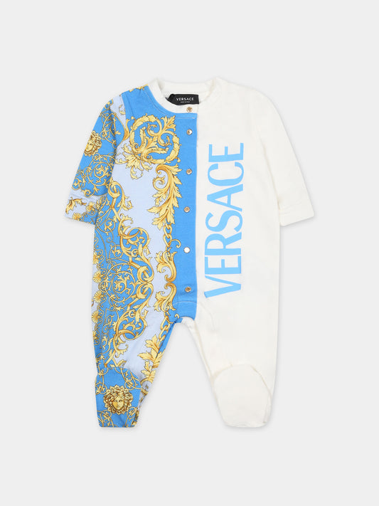 Tutina azzurra per neonato con logo e stampa barocco,Versace,1000053 1A08086 6X470