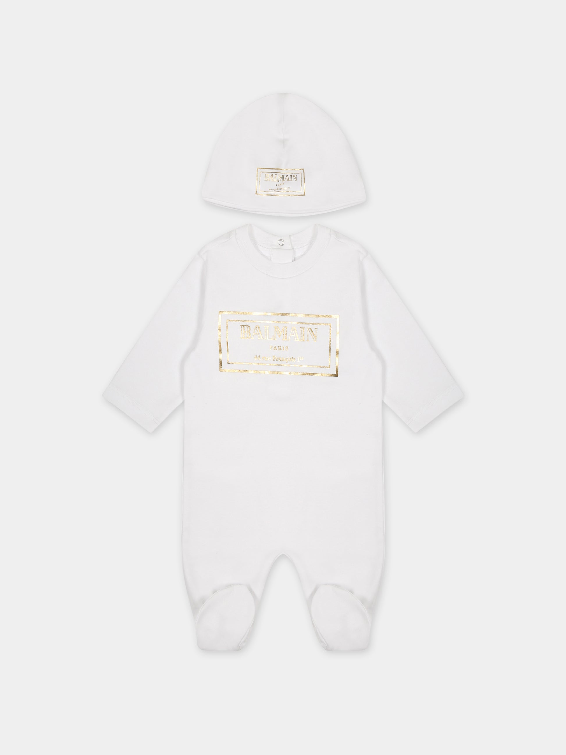 Set bianco per neonati con logo dorato,Balmain Kids,BTB610 Z1763 100OR