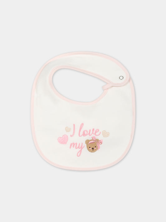 Bavaglino bianco per neonata con scritta e orso,Monnalisa,35B007 2004 0001