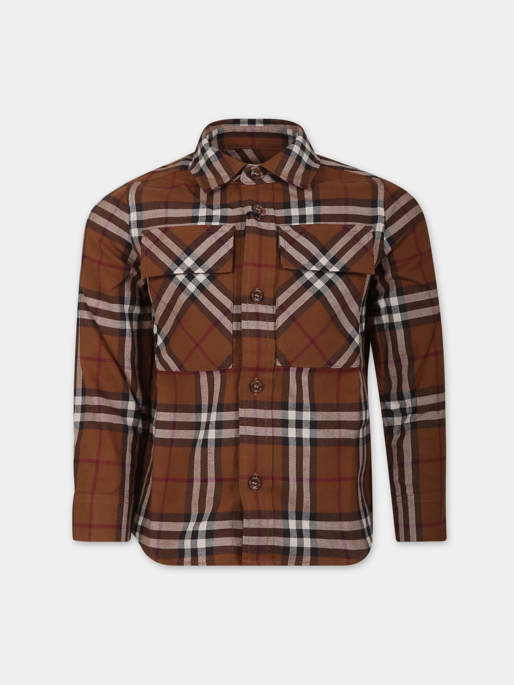 Camicia marrone per bambino con iconico check,Burberry Kids,8069329
