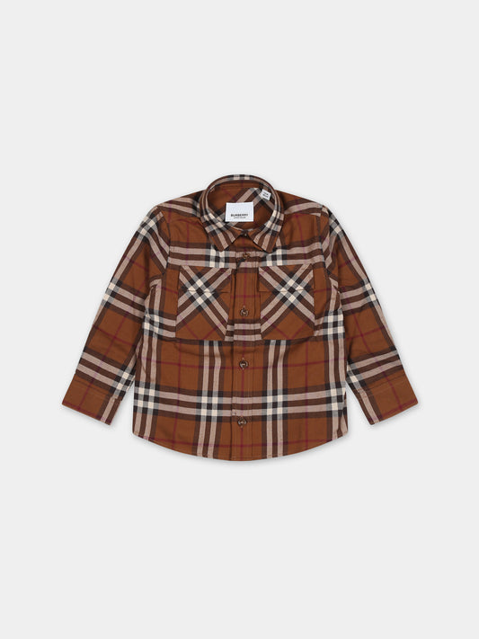 Camicia marrone per neonato con iconico check,Burberry Kids,8070021