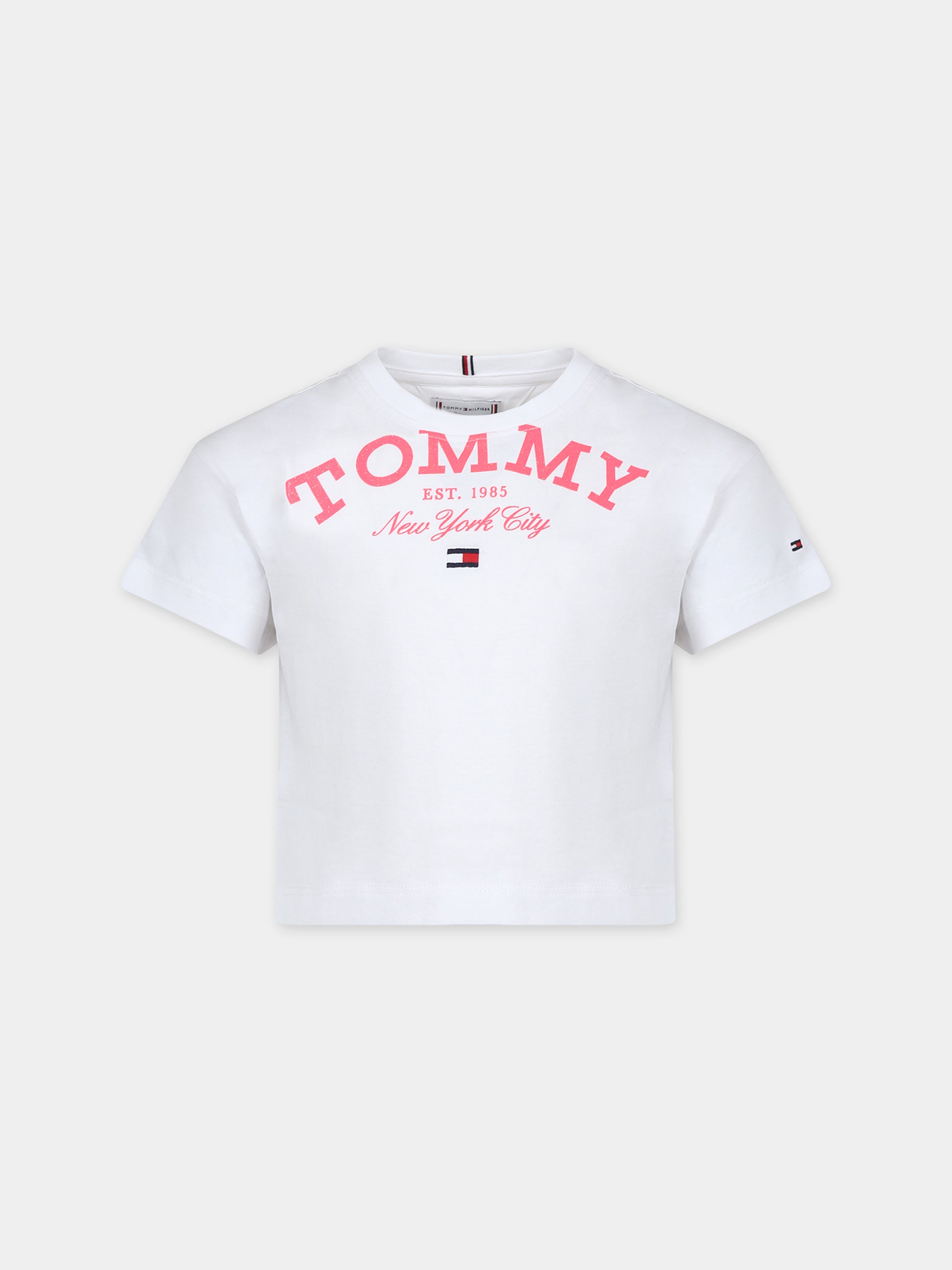 T-shirt bianca per bambina con logo,Tommy Hilfiger Junior,23WMTHKG0KG07637T YBR