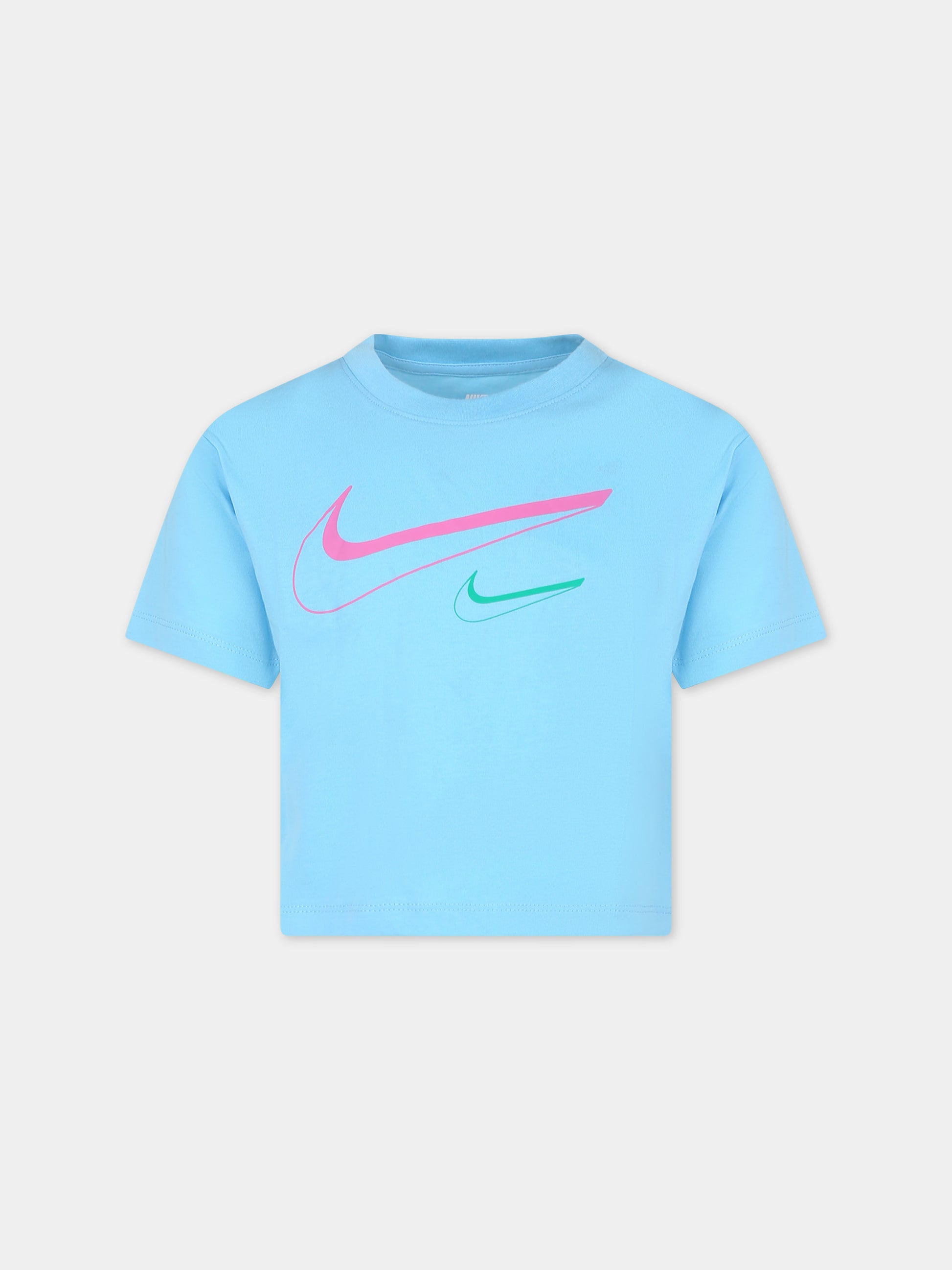 T-shirt celeste per bambina con swoosh,Nike,36L670 BJB