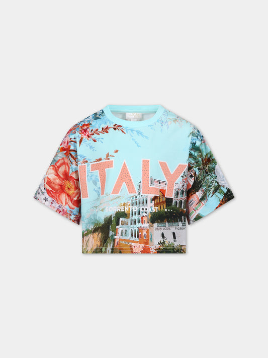T-shirt celeste per bambina con stampa Sorrento,Camilla,00025669 FROMSORR