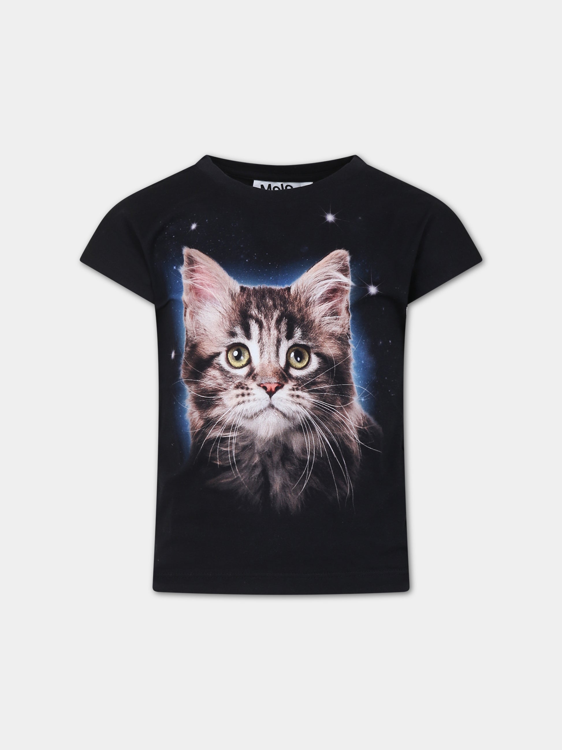 T-shirt nera per bambina con stampa gatto,Molo,2S24A208 3552