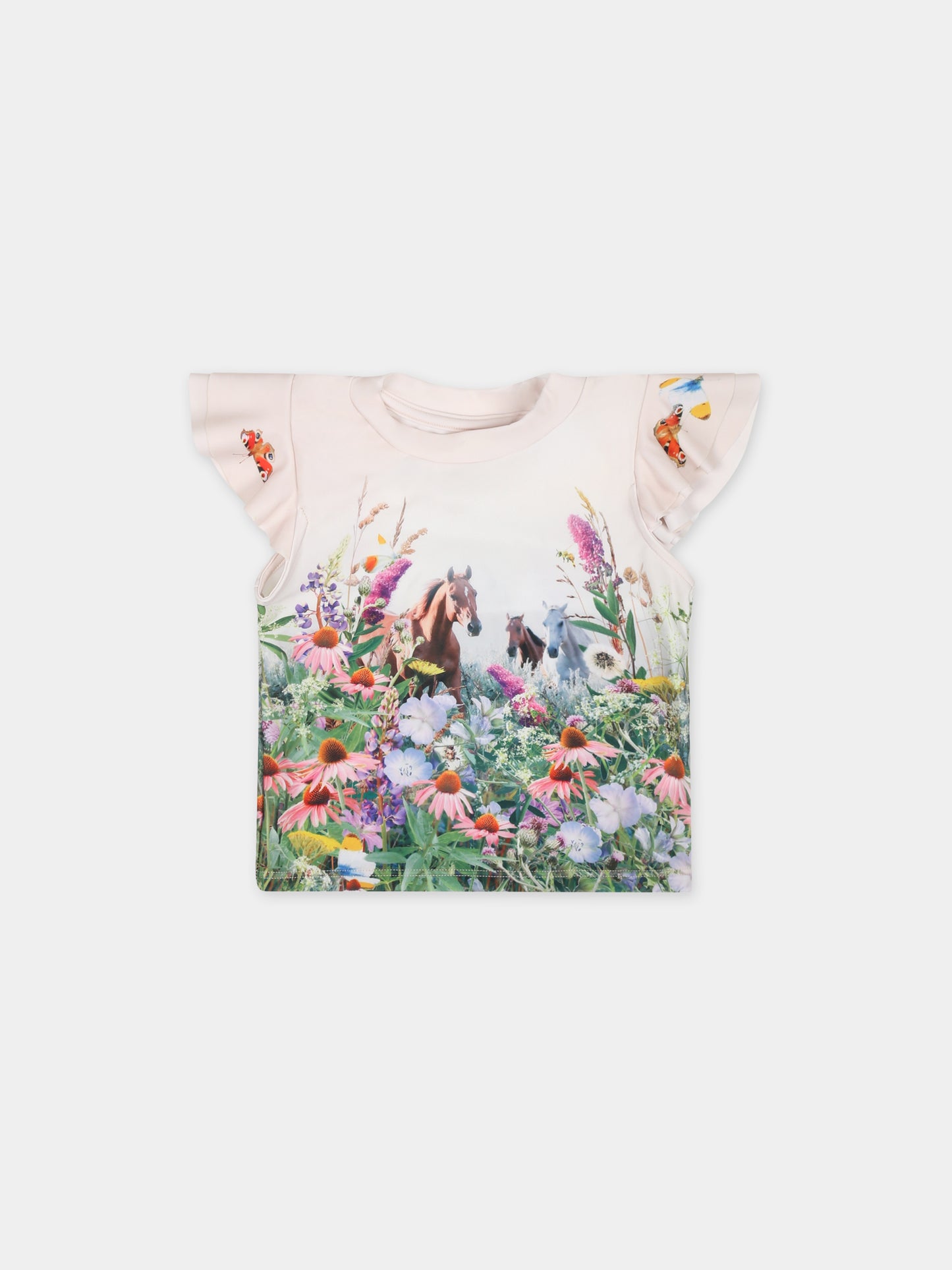 T-shirt anti UV avorio per neonata con stampa cavalli e fiori,Molo,8S24P202 3405