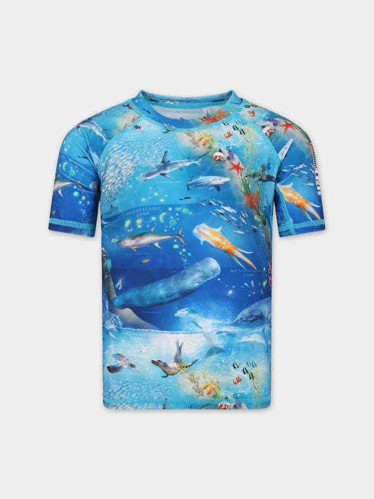 T-shirt anti UV azzurra per bambino con animali marini,Molo,8S24P203 9001