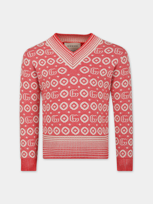 Maglione rosso per bambino con doppia G,Gucci Kids,766415 XKDRV 6085