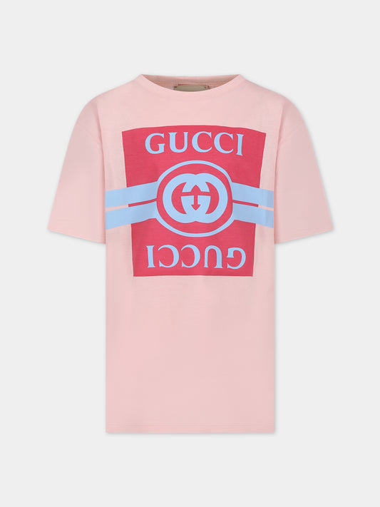 T-shirt rosa per bambina con doppia G,Gucci Kids,575114 XJF6K 6372