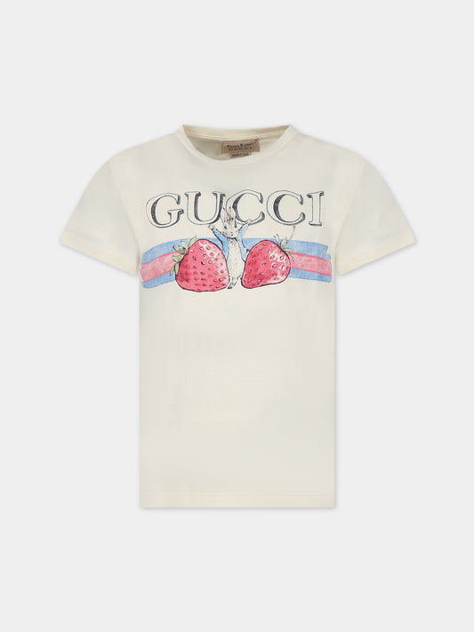 T-shirt avorio per bambina con fragole e Peter Rabbit,Gucci Kids,610190 XJF9G 9398