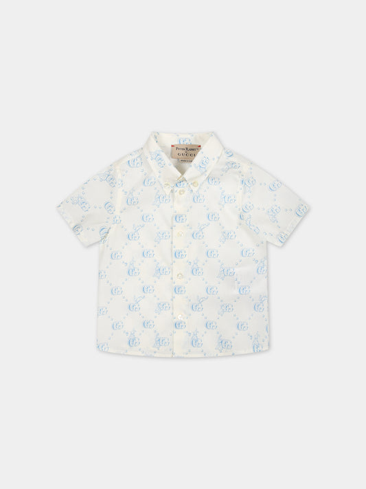 Camicia bianca per neonato con logo GG celeste e coniglio,Gucci Kids,770575 XWA0R 9183